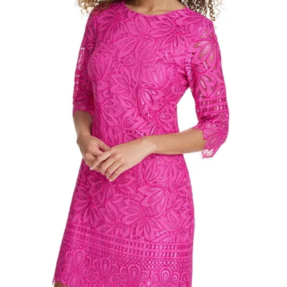 Kensie Lace Sheath Vibrant Pink 3/4 Sleeve Dress
